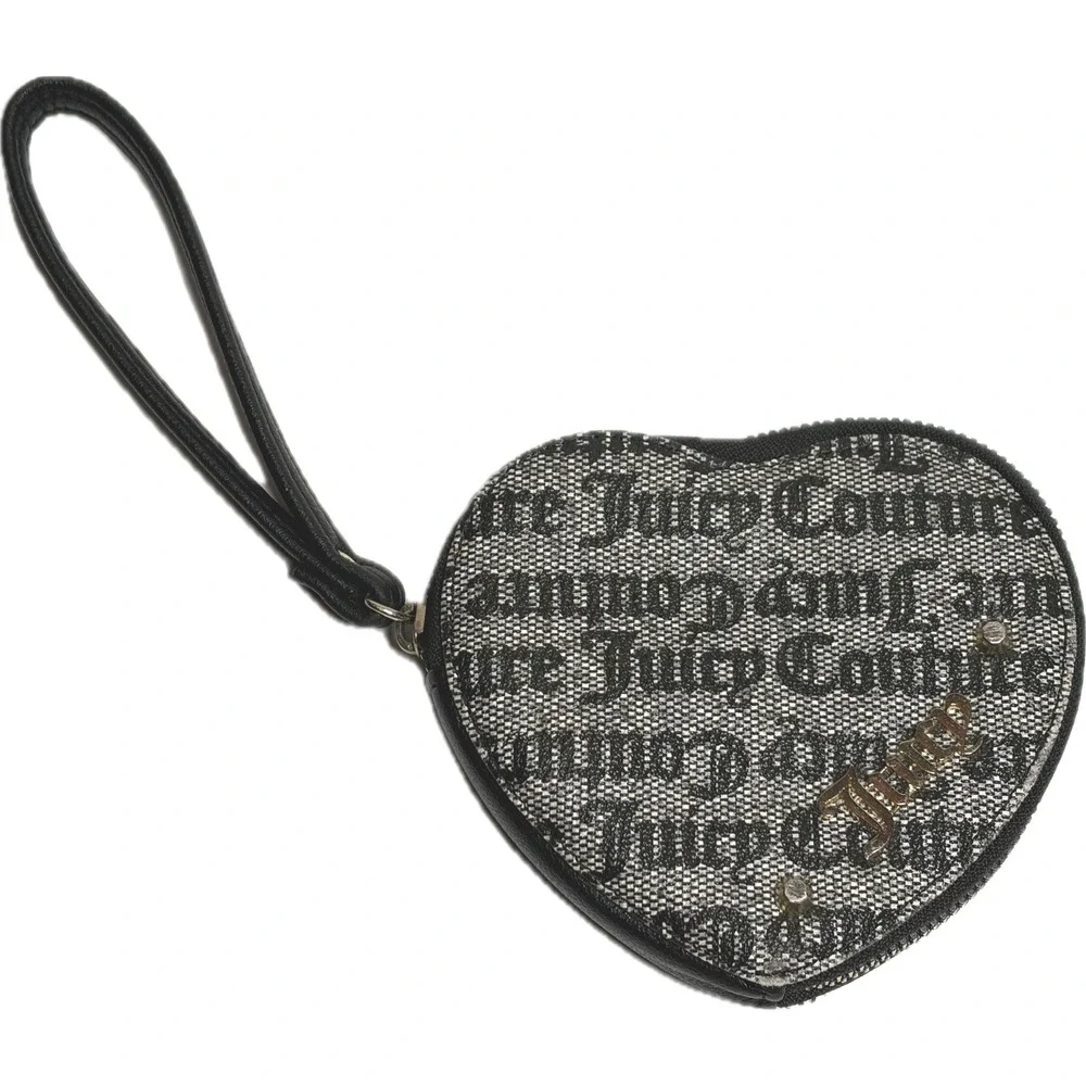 Vtg Y2K Juicy Couture Heart Wristlet Coin Purse Gothic Monogram Black Grey 2000s